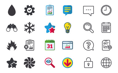 HVAC icons. Heating, ventilating and air conditioning symbols. Water supply. Climate control technology signs. Chat, Report and Calendar signs. Stars, Statistics and Download icons. Vector