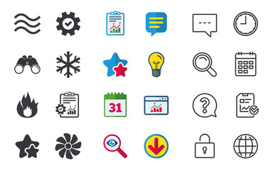 HVAC icons. Heating, ventilating and air conditioning symbols. Water supply. Climate control technology signs. Chat, Report and Calendar signs. Stars, Statistics and Download icons. Vector