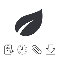 Leaf sign icon. Fresh natural product symbol. Report, Time and Download line signs. Paper Clip linear icon. Vector