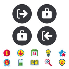Login and Logout icons. Sign in or Sign out symbols. Lock icon. Calendar, Information and Download signs. Stars, Award and Book icons. Light bulb, Shield and Search. Vector