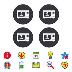 Microwave oven icons. Cook in electric stove symbols. Heat 5, 6, 7 and 8 minutes signs. Calendar, Information and Download signs. Stars, Award and Book icons. Light bulb, Shield and Search. Vector