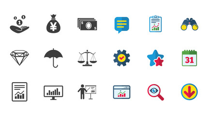Money, cash and finance icons. Money savings, justice scales and report signs. Presentation, analysis and umbrella symbols. Calendar, Report and Download signs. Stars, Service and Search icons