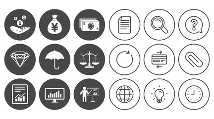 Money, cash and finance icons. Money savings, justice scales and report signs. Presentation, analysis and umbrella symbols. Document, Globe and Clock line signs. Lamp, Magnifier and Paper clip icons