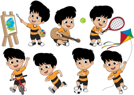 Set of kid activity,kid painting a picture,playing a guitar,playing a tennis,riding a bicycle,running,playing a soccer,playing a kite.