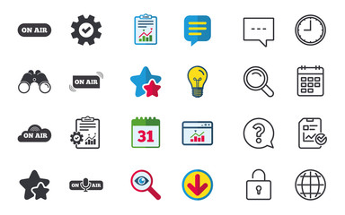 On air icons. Live stream signs. Microphone symbol. Chat, Report and Calendar signs. Stars, Statistics and Download icons. Question, Clock and Globe. Vector