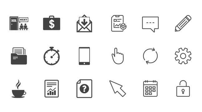 Office, documents and business icons. Accounting, human resources and phone signs. Mail, salary and statistics symbols. Chat, Report and Calendar line signs. Service, Pencil and Locker icons. Vector