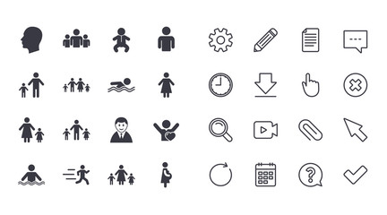 Set of People and Family icons. Swimming pool, Love and Children signs. Mother, Father and Pregnant woman symbols. Calendar, Document and Download line signs. Pencil, Service and Search icons. Vector