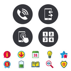 Phone icons. Touch screen smartphone sign. Call center support symbol. Cellphone keyboard symbol. Incoming and outcoming calls. Calendar, Information and Download signs. Stars, Award and Book icons