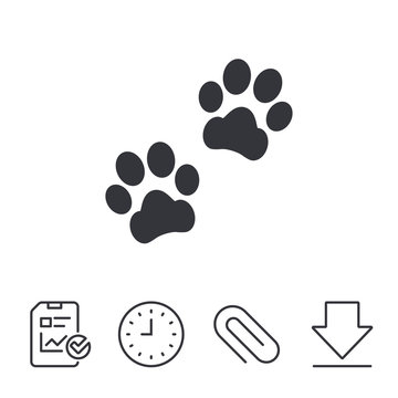 Paw sign icon. Dog pets steps symbol. Report, Time and Download line signs. Paper Clip linear icon. Vector