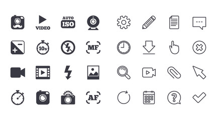 Set of Photo and Video icons. Camera, timer and frame signs. No flash and Auto focus symbols. Calendar, Document and Download line signs. Pencil, Service and Search icons. Video camera, Clock and Chat
