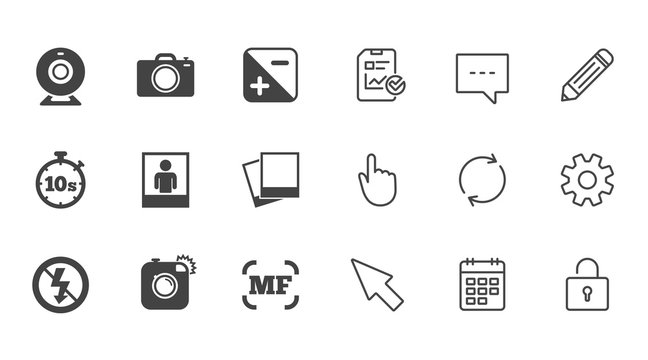 Photo, video icons. Web camera, photos and frame signs. No flash, timer and portrait symbols. Chat, Report and Calendar line signs. Service, Pencil and Locker icons. Click, Rotation and Cursor. Vector