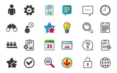 Fototapeta premium Queue icon. Person waiting sign. Check or Tick and time clock symbols. Chat, Report and Calendar signs. Stars, Statistics and Download icons. Question, Clock and Globe. Vector