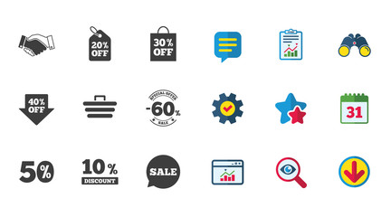 Sale discounts icon. Shopping, handshake and cart signs. 10, 50 and 60 percent off. Special offer symbols. Calendar, Report and Download signs. Stars, Service and Search icons. Vector