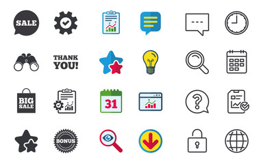 Fototapeta premium Sale speech bubble icon. Thank you symbol. Bonus star circle sign. Big sale shopping bag. Chat, Report and Calendar signs. Stars, Statistics and Download icons. Question, Clock and Globe. Vector