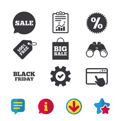 Sale speech bubble icon. Discount star symbol. Black friday sign. Big sale shopping bag. Browser window, Report and Service signs. Binoculars, Information and Download icons. Stars and Chat. Vector