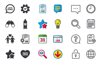 Condom safe sex icons. Lovers couple signs. Male love female. Speech bubble with heart. Chat, Report and Calendar signs. Stars, Statistics and Download icons. Question, Clock and Globe. Vector