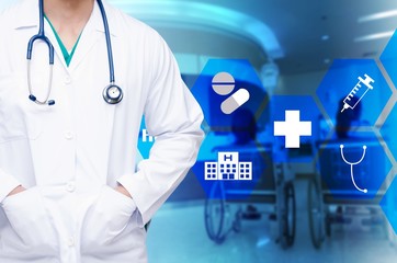 smart doctor with a stethoscope around his neck on blurred inside hospital background and medical icon in hexagon shaped pattern design, healthcare medical technology concept, color effect tone
