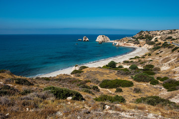 Petra tou Roumiou, Aphrodite's rock. Rocky coastline on the Mediterranean sea in Cyprus.