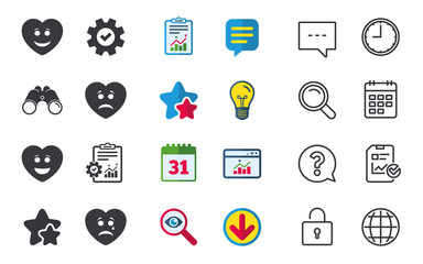 Heart smile face icons. Happy, sad, cry signs. Happy smiley chat symbol. Sadness depression and crying signs. Chat, Report and Calendar signs. Stars, Statistics and Download icons. Vector