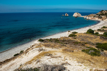 Petra tou Roumiou, Aphrodite's rock. Rocky coastline on the Mediterranean sea in Cyprus.