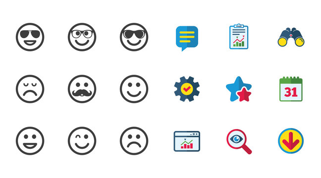 Smile icons. Happy, sad and wink faces signs. Sunglasses, mustache and laughing lol smiley symbols. Calendar, Report and Download signs. Stars, Service and Search icons. Vector
