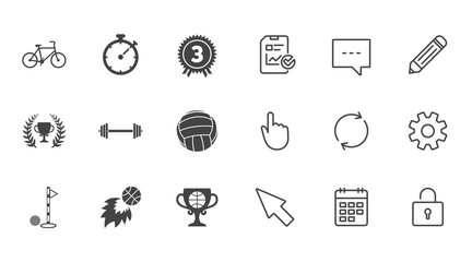 Sport games, fitness icons. Golf, basketball and volleyball signs. Timer, bike and winner cup symbols. Chat, Report and Calendar line signs. Service, Pencil and Locker icons. Vector