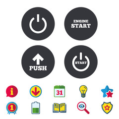 Power icons. Start engine symbol. Push or Press arrow sign. Calendar, Information and Download signs. Stars, Award and Book icons. Light bulb, Shield and Search. Vector
