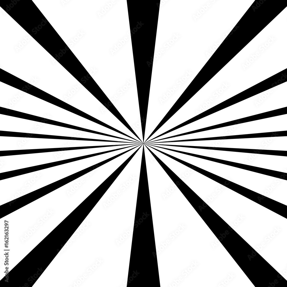 Poster Circular pattern of radial, radiating lines. Monochrome starburst, sunburst element.