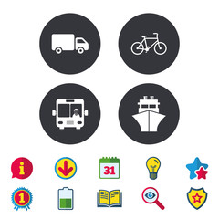 Transport icons. Truck, Bicycle, Public bus with driver and Ship signs. Shipping delivery symbol. Family vehicle sign. Calendar, Information and Download signs. Stars, Award and Book icons. Vector