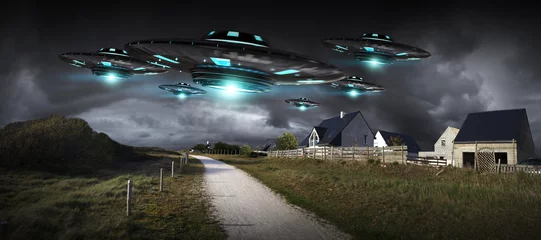 Fototapeten UFO-Invasion auf dem Planeten Erde Landschaft 3D-Rendering © sdecoret