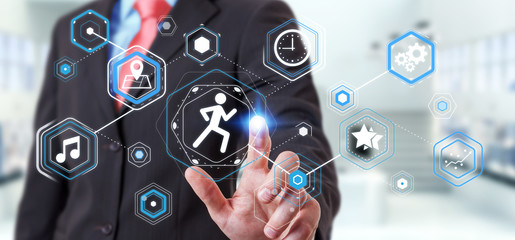 Young man using running application to check his performances 3D rendering