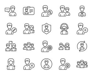 Users line icons. Male and Female Profiles, Group and Support signs. ID card, Teamwork and Businessman symbols. Couple love, Security and Human Management. Quality design elements. Editable stroke