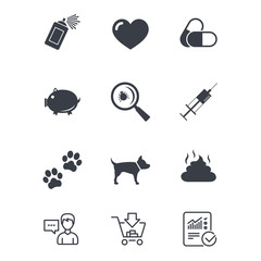 Veterinary, pets icons. Dog paws, syringe and magnifier signs. Pills, heart and feces symbols. Customer service, Shopping cart and Report line signs. Online shopping and Statistics. Vector