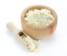 Protein powder in wooden bowl isolated