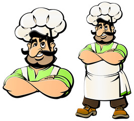Cartoon Caucasian Cook invites you to lunch.