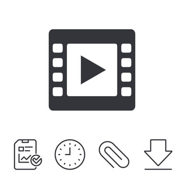 Video sign icon. Video frame symbol. Report, Time and Download line signs. Paper Clip linear icon. Vector