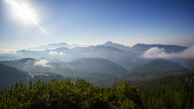 View to mountain ridge during foggy morning, Koschuta, Slovenia