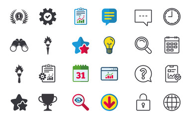 First place award cup icons. Laurel wreath sign. Torch fire flame symbol. Prize for winner. Chat, Report and Calendar signs. Stars, Statistics and Download icons. Question, Clock and Globe. Vector