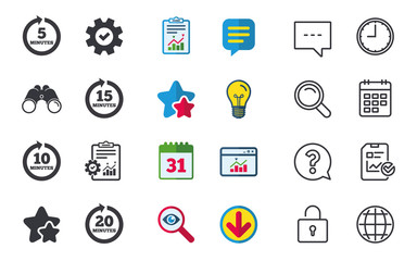 Every 5, 10, 15 and 20 minutes icons. Full rotation arrow symbols. Iterative process signs. Chat, Report and Calendar signs. Stars, Statistics and Download icons. Question, Clock and Globe. Vector