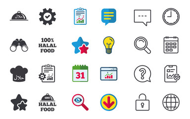 Halal food icons. 100% natural meal symbols. Chef hat sign. Natural muslims food. Chat, Report and Calendar signs. Stars, Statistics and Download icons. Question, Clock and Globe. Vector