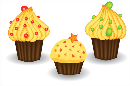 Three cupcakes with yellow cream, berries and powders. Sweet, dessert
