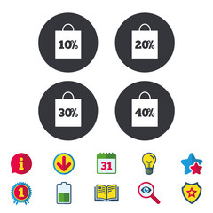 Sale bag tag icons. Discount special offer symbols. 10%, 20%, 30% and 40% percent discount signs. Calendar, Information and Download signs. Stars, Award and Book icons. Light bulb, Shield and Search