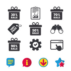 Sale gift box tag icons. Discount special offer symbols. 30%, 50%, 70% and 90% percent sale signs. Browser window, Report and Service signs. Binoculars, Information and Download icons. Stars and Chat