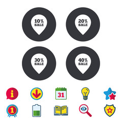 Sale pointer tag icons. Discount special offer symbols. 10%, 20%, 30% and 40% percent sale signs. Calendar, Information and Download signs. Stars, Award and Book icons. Light bulb, Shield and Search