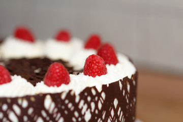 Schokoladen Himbeer Kuchen mit Sahne, close-up, low focus