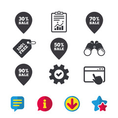 Sale pointer tag icons. Discount special offer symbols. 30%, 50%, 70% and 90% percent sale signs. Browser window, Report and Service signs. Binoculars, Information and Download icons. Stars and Chat