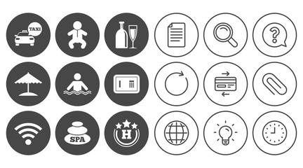 Hotel, apartment service icons. Spa, swimming pool signs. Alcohol drinks, wifi internet and safe symbols. Document, Globe and Clock line signs. Lamp, Magnifier and Paper clip icons. Vector
