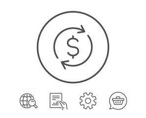 Currency exchange line icon. Money Transfer sign. Dollar in rotation arrow symbol. Hold Report, Service and Global search line signs. Shopping cart icon. Editable stroke. Vector