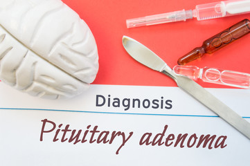 Brain figure, surgical scalpel, syringe and vials lying around title Diagnosis Pituitary adenoma. Concept photo for diagnosis, surgical and medicinal treatment of brain diseases Pituitary adenoma 