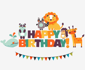 Happy birthday - lovely vector card with funny animals in bright colors